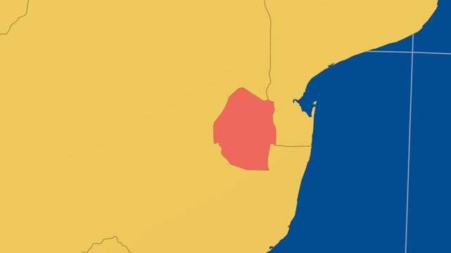 ESwatini on Globe. Animated zoom into the country in Ocean Blue Golden Yellow color palette. ESwatini logo animation. Map with meridians, parallels. Charming video.