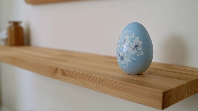 Easter egg magically appearing on a wooden shelf
