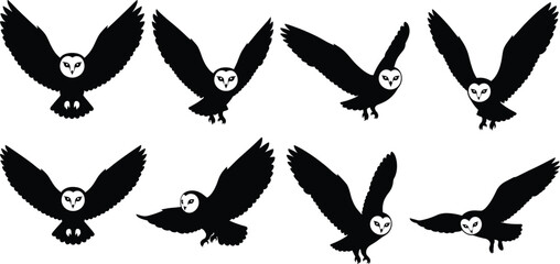 Flying barn owl silhouette vector set, black bird flight icons, wild animal shape collection, nature illustration for logo, tattoo, and halloween design. © Samol