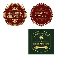Collection of Festive Holiday Greeting Badges Featuring Christmas and New Year Messages in Elegant Designs