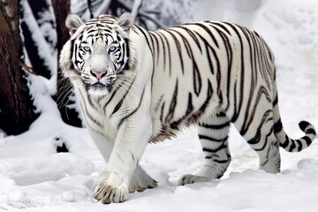 Fototapeta premium Majestic White Tiger with Blue Eyes Walking Through a Snowy Winter Forest