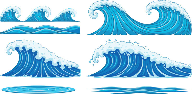 Detailed ocean wave vector set with foamy crests splashes and water surfaces for sea marine design
