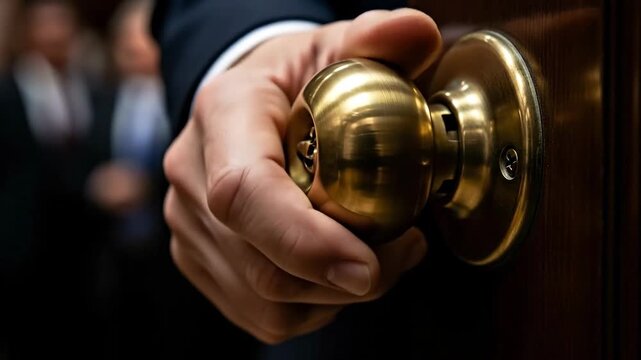 Businessman Turning Brass Door Knob Entering Office Room.
