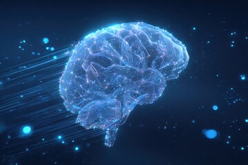 Glowing neural brain formed by interconnected circuits over a blue binary background