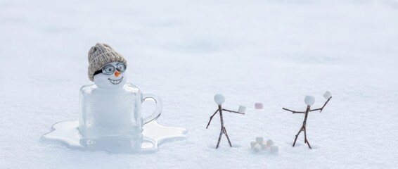 Snowman melting in winter landscape playful scene with stick figures outdoor setting whimsical concept fresh snow environment unique artistic perspective