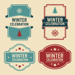 70 Collection of winter celebration labels with snowflakes and trees in various colors and shapes on cream background for holiday design 150