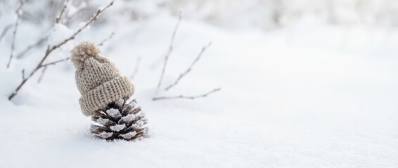 Winter wonderland pinecone with knit hat snowy landscape nature photography calm environment close-up viewpoint cozy concept for seasonal decor