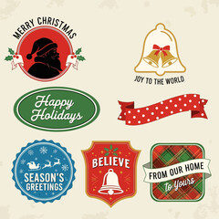 70 Christmas holiday stickers and labels with festive designs and messages on cream background 150