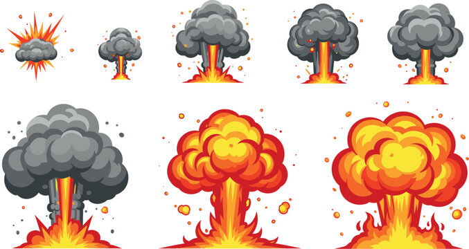 Dramatic cartoon mushroom cloud explosion vector set with fire blast and smoke effects for action design
