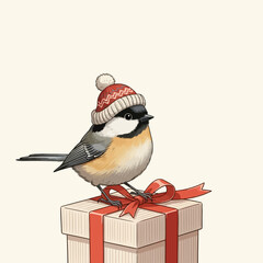 70 Chickadee bird wearing red winter hat perched on gift box with ribbon soft pastel colors festive illustration christmas theme gentle atmosphere decorative element holiday 150
