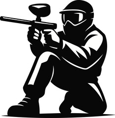 Silhouette of a paintball player aiming a marker vector © Nargis