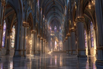 Gothic cathedral interior: long nave, soaring arches, ribbed vaults, and vibrant stained glass illuminated by warm light