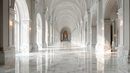 Grand hall with evenly spaced marble columns and polished floors