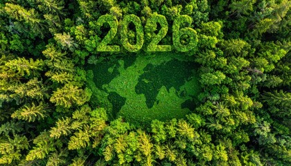 Aerial Green Forest Concept with 2026 Typography and World Map for Environmental Sustainability