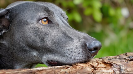 Grey dog biting weathered wood in a sunlit outdoor scene