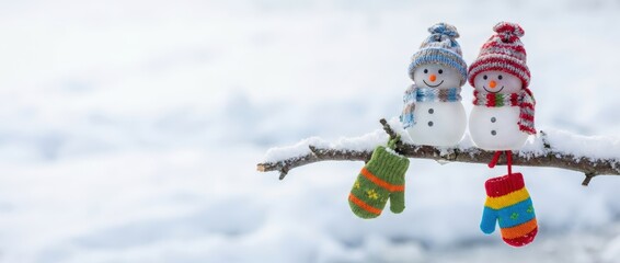 Cheerful snowman duo adorning a winter branch snowy landscape holiday decor captivating outdoors close-up view whimsical concept for seasonal celebration