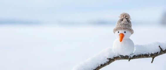 Winter wonderland scene featuring snowman on a branch snow-covered landscape outdoor photography calm atmosphere close-up view of charming snow sculpture
