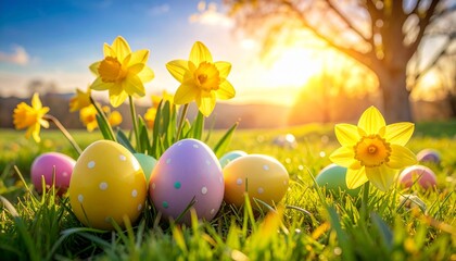 Colorful Polka Dot Easter Eggs and Yellow Daffodils in Sunny Spring Meadow at Sunrise