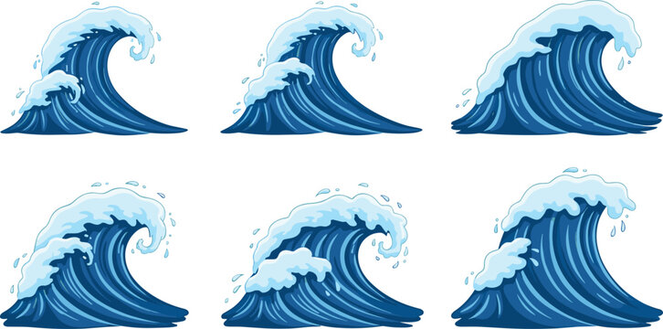 Dramatic ocean wave vector set with heavy foam splashes for sea surf and water design