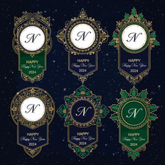 70 Luxury new year badges with elegant monogram n in ornate frames festive green and gold decorations on dark blue background with snowflakes 150