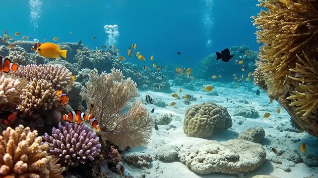 Immerse yourself in the breathtaking beauty of a vibrant underwater world. This stunning footage showcases a thriving coral reef teeming with an array of colorful tropical fish, including distinctive 