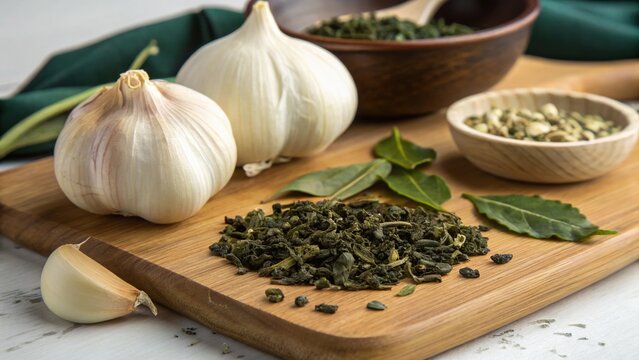 Superfoods help lower bad cholesterol. Close-up image of garlic cloves and green tea leaves, high fidelity, showcasing food elements beautifully.
