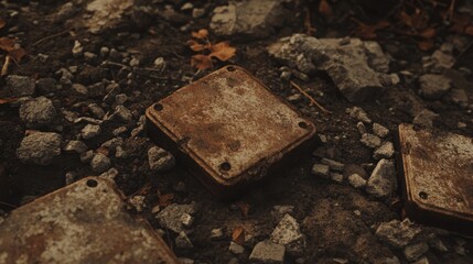 A deactivated rusty emergency beacon lies forgotten on a debris covered ground