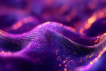 Abstract purple glowing mesh wave background features shimmering light particles on curved synthetic surface creating digital texture with vibrant neon violet tones for modern tech design projects