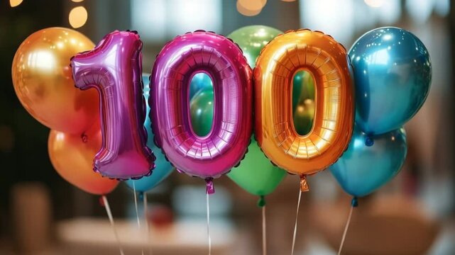 Colorful helium balloons shaped like the number 100 gently swaying for a celebration or anniversary