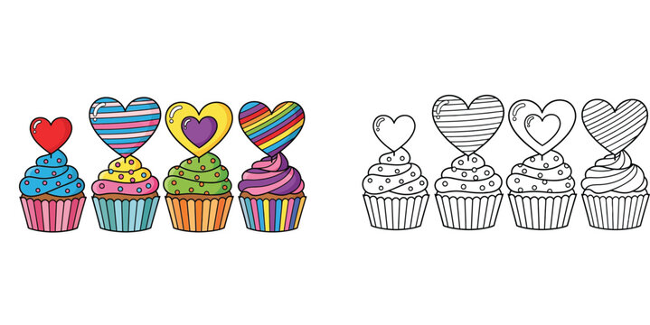 Cute kawaii rainbow cupcake vector illustration with heart topper and black and white coloring book outline for kids.
