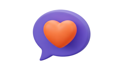 A vibrant orange heart icon inside a purple speech bubble, symbolizing love, affection, or a positive message expressed digitally.