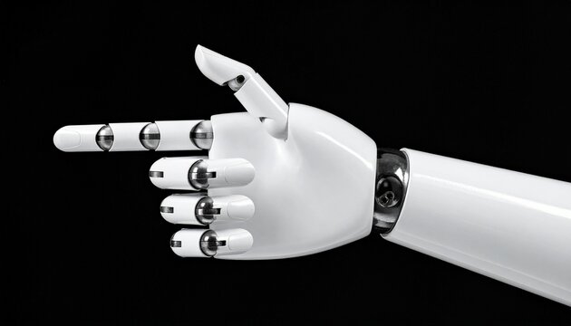 White Robotic Cybernetic Hand Pointing Finger on Isolated Black Background