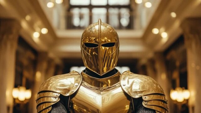 Medieval warrior standing with arms crossed in a majestic golden hall, wearing a full suit of armor