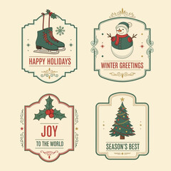 70 Vintage christmas labels with winter themes and holiday greetings featuring snowman and ice skates illustration 150