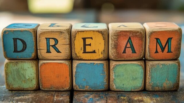 Weathered, colorful wooden cubes spelling out the word dream on a rustic wooden background