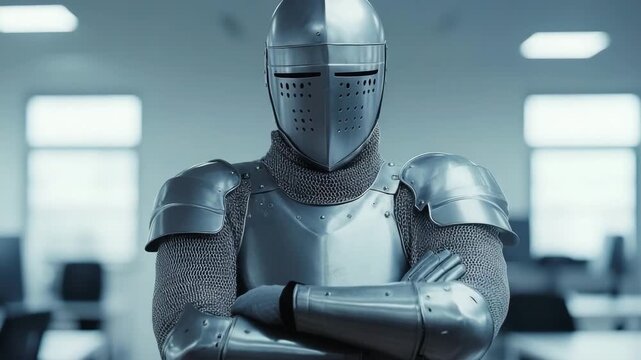 Portrait of a medieval guard in full metal armor and helmet standing in a contemporary office
