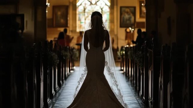 Young woman in a beautiful wedding dress walking down the aisle during the ceremony
