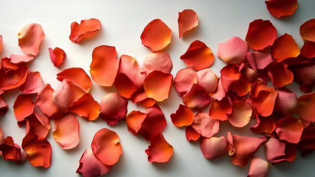 Beautiful red and pink rose petals slowly falling down on a clean white background