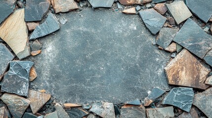 A rough textured surface of weathered stones and broken slate fragments forming a circular pattern