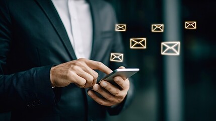 Businessman sending email using smartphone with digital communication icons