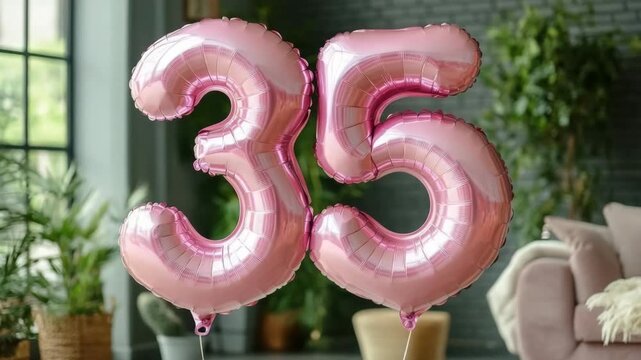 Pink foil balloons in the shape of the number thirty-five floating in a modern living room