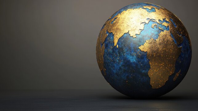 A detailed close up of a polished lapis lazuli globe with gold continents against a muted background