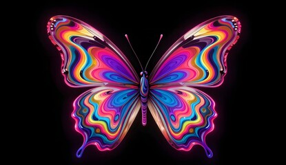 A rainbow-winged butterfly on a black background.