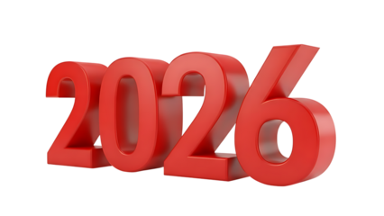 Striking red 3D numeral '2026' isolated on a white background, perfect for New Year's greetings and forward-looking concepts.