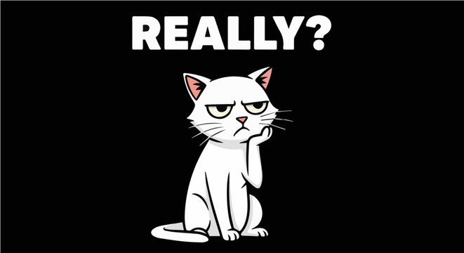 REALLY? - Funny Grumpy White Cat Judgemental Meme Graphic Illustration for T-shirt Design