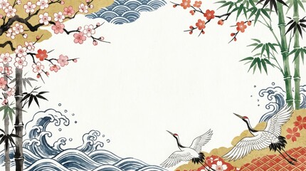 Elegant cranes and cherry blossoms dance among waves in a serene japanese landscape graphic art tranquil environment artistic viewpoint nature and culture concept