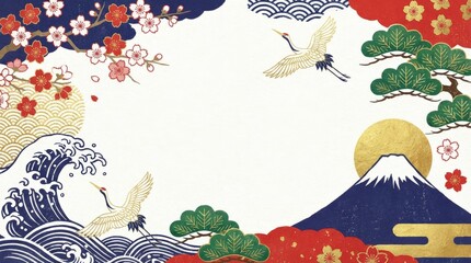Traditional japanese art displaying cranes and cherry blossoms scenic mountain landscape graphic design tranquil environment colorful viewpoint cultural heritage concept for seo impact