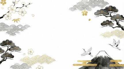 Elegant japanese landscape artwork featuring cherry blossoms mountains and cranes minimalistic design serene environment artistic viewpoint cultural concept for aesthetic appeal