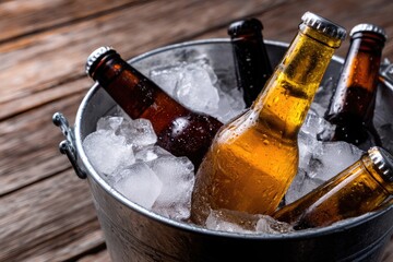 Chilled beer bottles in metal ice bucket on rustic wooden surface with visible ice and condensation, perfect for beverage branding bar menu design party promotion and drink advertising