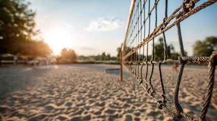 Volleyball net casting a long shadow on a sunny beach